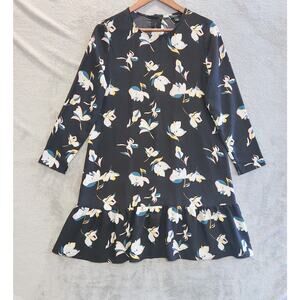 Halogen Womens Black Floral Button Back Ruffle Hem Mini Dress Size Small Flowy